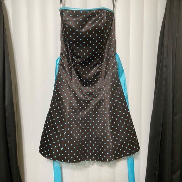 Jessica McLinton for Gunne Sax strapless brown with blue polkadox fit & flare dr - Picture 1 of 5